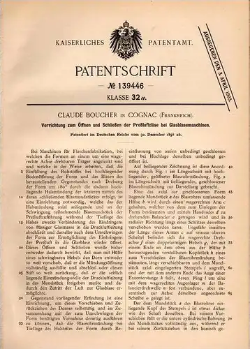 Original Patentschrift - Claude Boucher in Cognac , 1898 , Apparat für Glas - Blasemaschinen , Glasbläserei !!!