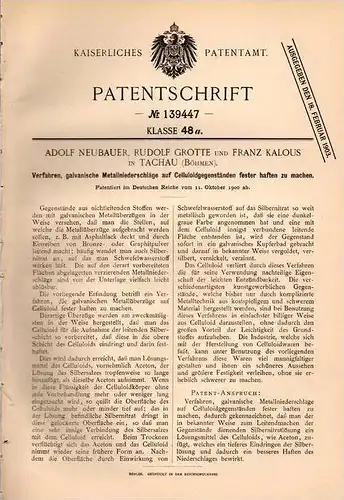 Original Patentschrift - A. Neubauer , R. Grotte und F. Kalous in Tachau , 1900 , Metallniederschlag auf Celluloid !!!