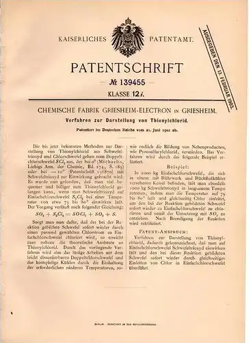Original Patentschrift - Chemische Fabrik in Griesheim , 1902 , Darstellung von Thionylchlorid , Chemie !!!