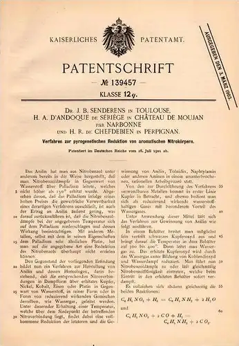 Original Patentschrift - Dr. d´ Andoque de Sériége in Chateau de Moujan par Narbonne , 1901, Reduktion von Nitritkörpern
