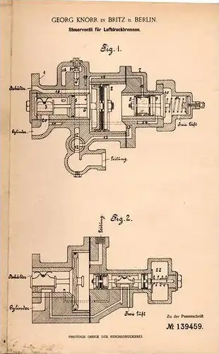 Original Patentschrift - G. Knorr in Britz b. Berlin , 1901 , Steuerung für Luftdruck - Bremsen , Bremse !!!