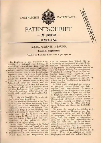 Original Patentschrift - Dynamische Flugmaschine , Luftschiff , 1902 , G. Welnner in Brünn , Flugapparat !!!