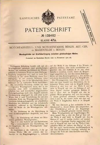 Original Patentschrift - Motorenfabrik AG in Marienfelde b. Berlin , 1901 , Wendegetriebe zur Kraftübertragung !!!