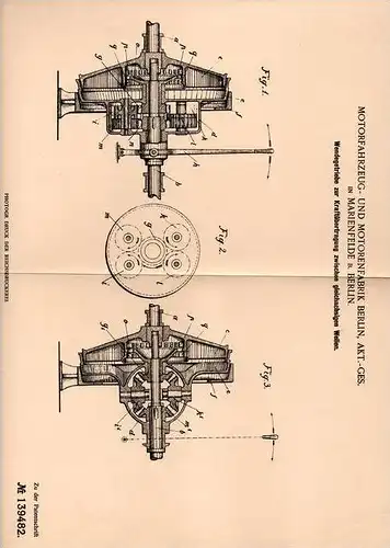 Original Patentschrift - Motorenfabrik AG in Marienfelde b. Berlin , 1901 , Wendegetriebe zur Kraftübertragung !!!