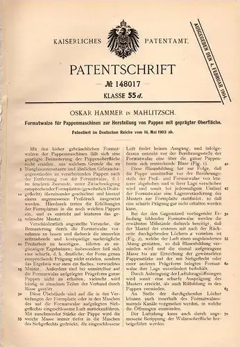 Original Patentschrift - O. Hammer in Mahlitzsch b. Nossen , 1903 , Formatwalze für Pappenmaschine , Pappe !!!