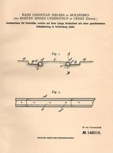 Original Patentschrift - K. Understrup in Oerre und Holstebro , Dänemark , 1902 , Jaucherinne für Viehstall , Jauche !!!