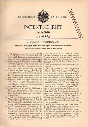 Original Patentschrift - A. Schöne i. Pößneck i. Th. 1902 , Strahlrohr mit Innenrohr !!!