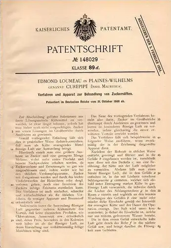 Original Patentschrift - E. Loumeau in Curepipe , Insel Mauritius , 1900 , Apparat für Zuckersaft , Zucker , Saft !!!