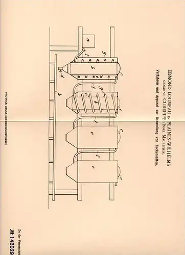 Original Patentschrift - E. Loumeau in Curepipe , Insel Mauritius , 1900 , Apparat für Zuckersaft , Zucker , Saft !!!