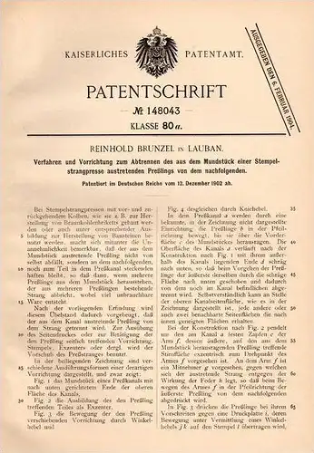 Original Patentschrift - R. Brunzel in Lauban , Schlesien , 1902 , Abtrennen von einer Stempelstrangpresse , Presse !!!