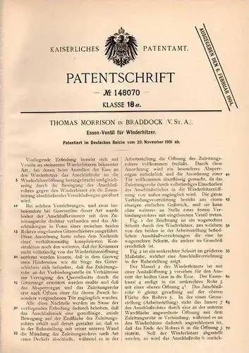 Original Patentschrift - T. Morrison in Braddock , Penns., USA , 1901 , Ventil für Winderhitzer !!!