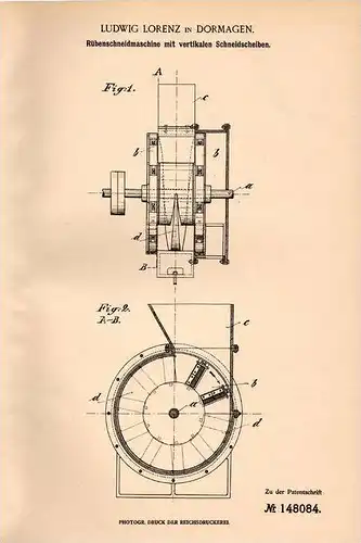 Original Patentschrift - L. Lorenz in Dormagen b. Rheinfeld , 1903 , Schneidmaschine für Rüben , Landwirtschaft !!!