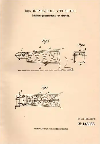 Original Patentschrift - Fa. H. Bargeboer in Wunstorf , 1903, Apparat zur Entbindung von Vieh , Kalb , Geburt , Tierarzt