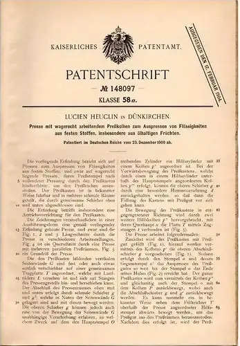 Original Patentschrift - Lucien Heuclin in Dünkirchen , 1900 , Presse für Ölfrüchte , Öl , Oel !!!