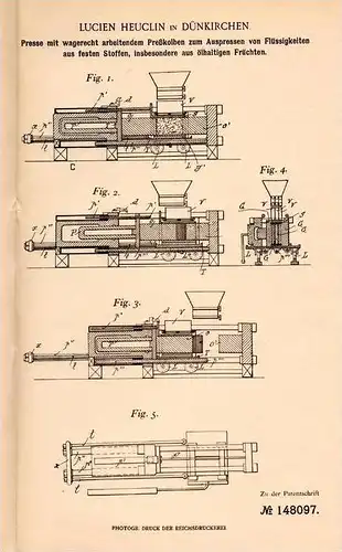 Original Patentschrift - Lucien Heuclin in Dünkirchen , 1900 , Presse für Ölfrüchte , Öl , Oel !!!