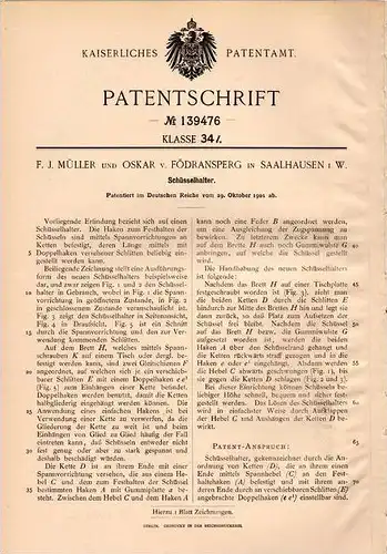 Original Patentschrift - Oskar von Födransperg in Saalhausen i.W., 1901 , Schüsselhalter mit Ketten !!!