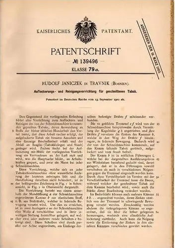 Original Patentschrift - R. Janiczek in Travnik , Bosnien , 1902 , Tabak - Reinigungsapparat !!!