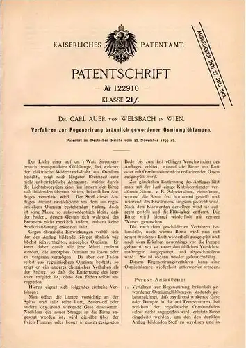 Original Patentschrift - Dr. Carl Auer von Welsbach in Wien , 1899 , Regulierung von Osmiumglühlampen , Altenhofen !!!