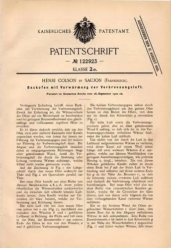 Original Patentschrift - Henri Colson in Saujon , 1900 , Backofen mit Vorwärmung , Bäckerei !!!