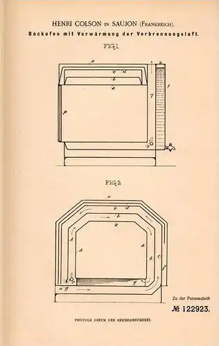 Original Patentschrift - Henri Colson in Saujon , 1900 , Backofen mit Vorwärmung , Bäckerei !!!