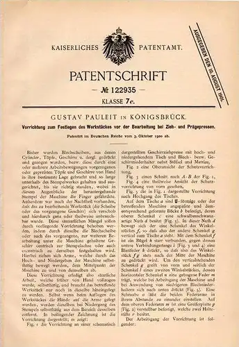Original Patentschrift - Gustav Pauleit in Königsbrück i. S. , 1900 , Apparat für Zieh- und Prägepresse !!!