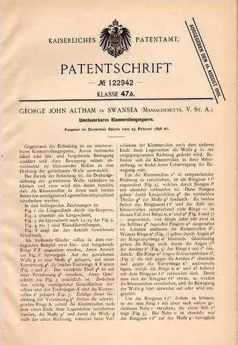 Original Patentschrift - G. Altham in Swansea , Massachus., 1898 , umsteuerbares Klemmrollengesperre !!!