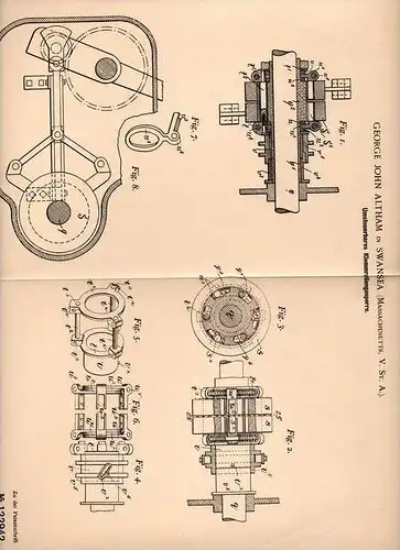 Original Patentschrift - G. Altham in Swansea , Massachus., 1898 , umsteuerbares Klemmrollengesperre !!!