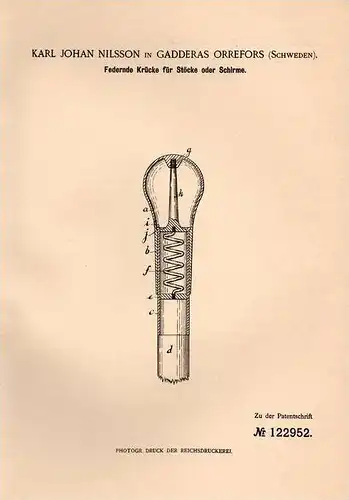 Original Patentschrift - K. Nilsson in Gadderas Orrefors , Schweden , 1900 , Krücke mit Federung für Schirme !!!