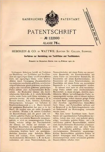 Original Patentschrift - Heberlein & Co in Wattwil , 1901 , Herstellung von Textilband , Glanz- und Farbeneffekte !!!