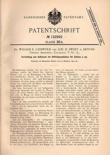 Original Patentschrift - Dr. William E. Griswold in Denver , Arapahoe , USA , 1900 , Apparat für Gebiss , Zahnarzt !!!