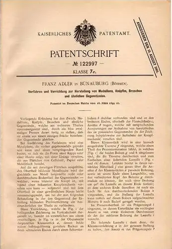 Original Patentschrift - Franz Adler in Bünauburg , Böhmen , 1899 , Herstellung von Medaillon , Knöpfen und Broschen !!!