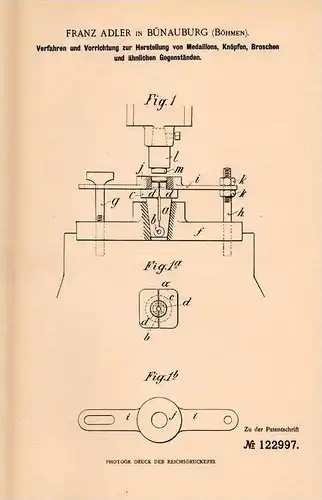 Original Patentschrift - Franz Adler in Bünauburg , Böhmen , 1899 , Herstellung von Medaillon , Knöpfen und Broschen !!!