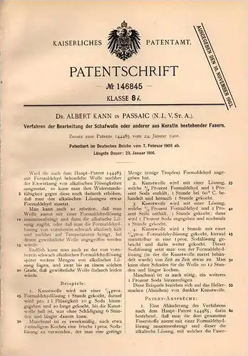Original Patentschrift - Dr. Albert Kann in Passaic , USA , 1903 , Verarbeitung von Schafwolle , Wolle , Schaf !!!