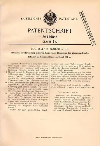 Original Patentschrift - H. Giesler in Molsheim i. Els. , 1902 , Herstellung melierter Garne mit Vigoreux - Druck !!!
