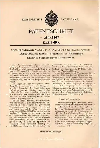 Original Patentschrift - K. Vogel in Marktleuthen b. Wunsiedel , 1902 , Hobelapparat für Drehbank und Fräse , Tischlerei