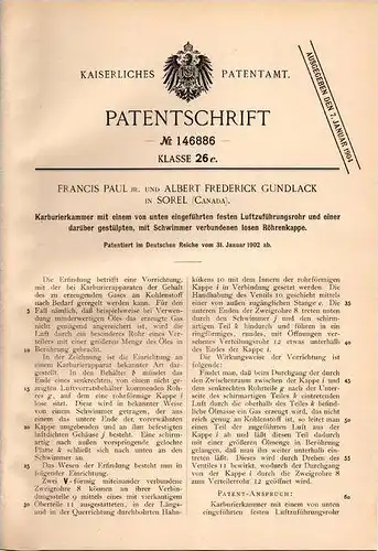 Original Patentschrift - F. Paul und A. Gundlack in Sorel , Canada , 1902 , Carburator , Karburierkammer !!!