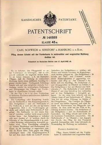 Original Patentschrift - Carl Schwich in Sinstorf b. Harburg a.E., 1902 , drehbarer Pflug , Landwirtschaft !!!