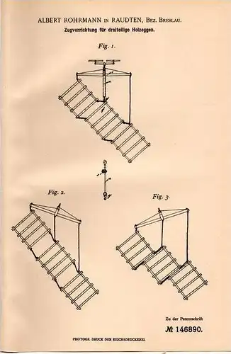 Original Patentschrift - A. Rohrmann in Raudten , Bez. Breslau , 1902 , Zugapparat für Holz - Eggen , Landwirtschaft !!!