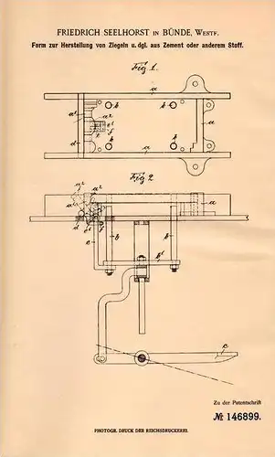 Original Patentschrift - F. Seelhorst in Bünde i.Westf., 1903 , Herstellung von Ziegeln aus Zement , Ziegelei !!!