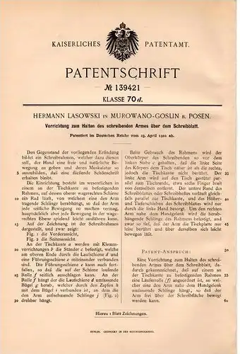 Original Patentschrift - H. Lasowski in Murowana Goslin b. Posen , 1902 , Halter für Arm beim Schreiben !!!