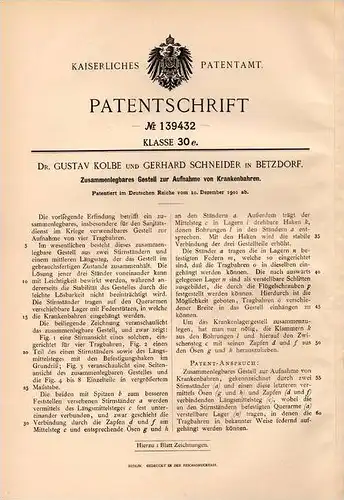 Original Patentschrift - Dr. Gustav Kolbe in Betzdorf b. Altenkirchen , 1901 , Gestell für Krankenbahren , Krankenhaus !