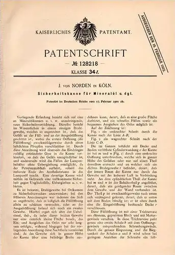 Original Patentschrift - Jakob van Norden in Köln , 1901 , Ölkanne , Kanne für Öl , Castrol , Mobil , Shell !!!