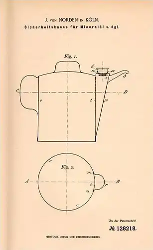 Original Patentschrift - Jakob van Norden in Köln , 1901 , Ölkanne , Kanne für Öl , Castrol , Mobil , Shell !!!