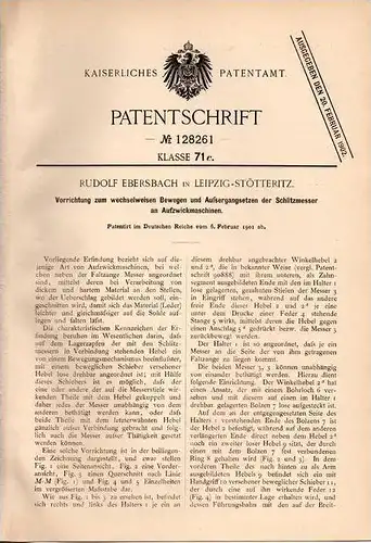 Original Patentschrift - R. Ebersbach in Leipzig - Stötteritz , 1901 , Apparat für Aufzwickmaschine !!!
