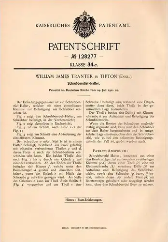 Original Patentschrift - W. Tranter in Tipton , England , 1901 , Schrubber - Stielhalter , Besen !!!