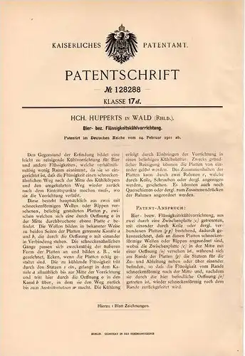 Original Patentschrift - H. Hupperts in Wald , Naurath , Rheinland , 1901 , Bier - Kühlvorrichtung , Bierkühler !!!