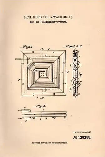 Original Patentschrift - H. Hupperts in Wald , Naurath , Rheinland , 1901 , Bier - Kühlvorrichtung , Bierkühler !!!
