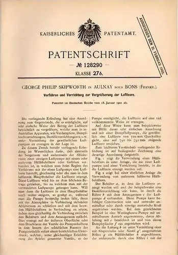 Original Patentschrift - G. Skipworth in Aulnay sous Bois , 1901 , Appart zur Luftleere - Vergrößerung !!!