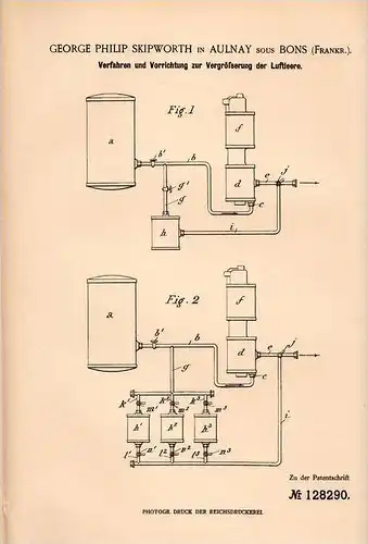 Original Patentschrift - G. Skipworth in Aulnay sous Bois , 1901 , Appart zur Luftleere - Vergrößerung !!!