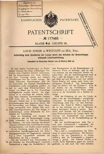 Original Patentschrift - L. Nissim in Westcliff on Sea , England , 1905 , Löschvorrichtung für Lampen !!!